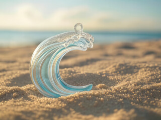 Miniature Glass Wave Sculpture on Sandy Beach Background