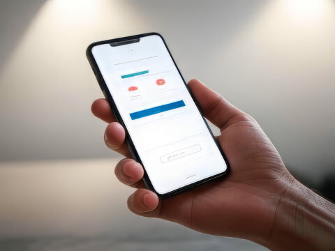 Hand Holding Smartphone Displaying Mobile Banking App UI