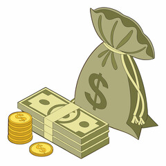 3D Money icon. Rendering with green dollar bills and gold coins. Managing finances, budget, income and expenses. Wealth and Profit. Realistic vector illustration in plasticine .