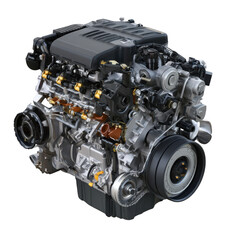 Close up view of a complex engine with multiple components and a black cover on top section