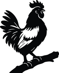 Rooster on branch bold silhouette design, Farm themed chicken graphic black white