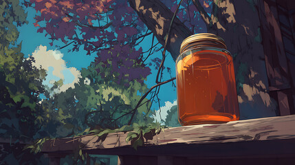 A glass jar filled with honey sits on a wooden ledge surrounded by vibrant autumn foliage