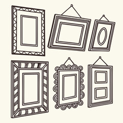 Retro picture frames set. Vintage wooden ornate frames in different geometric shapes. Empty museum borders with Victorian ornament. Flat vector illustration collection isolated on .
