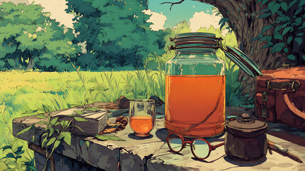 A tranquil outdoor scene featuring a jar of orange drink and glasses on a stone table, surrounded by lush greenery