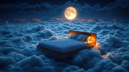 A bed floating among clouds at night