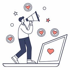 A man holding a megaphone emerges from a laptop screen, surrounded by SEO, notification, and follower icons. Vector illustration on a white background