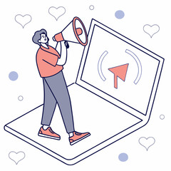A man holding a megaphone emerges from a laptop screen, surrounded by SEO, notification, and follower icons. Vector illustration on a white background
