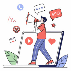 A man holding a megaphone emerges from a laptop screen, surrounded by SEO, notification, and follower icons. Vector illustration on a white background