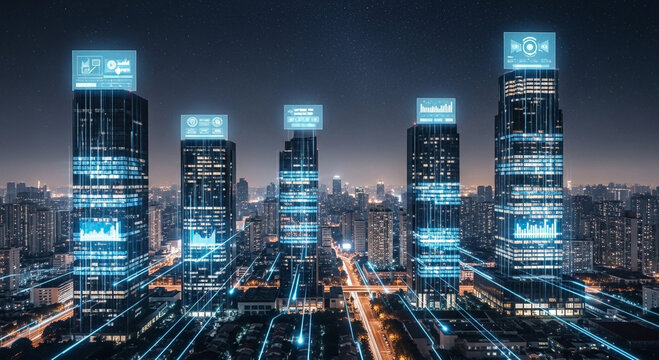 Futuristic skyscrapers with digital data displays, glowing lines, and city backdrop.