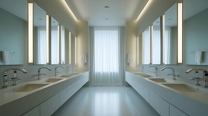 Obraz premium Modern public restroom interior design with sinks and mirrors