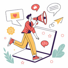 A man holding a megaphone emerges from a laptop screen, surrounded by SEO, notification, and follower icons. Vector illustration on a white background