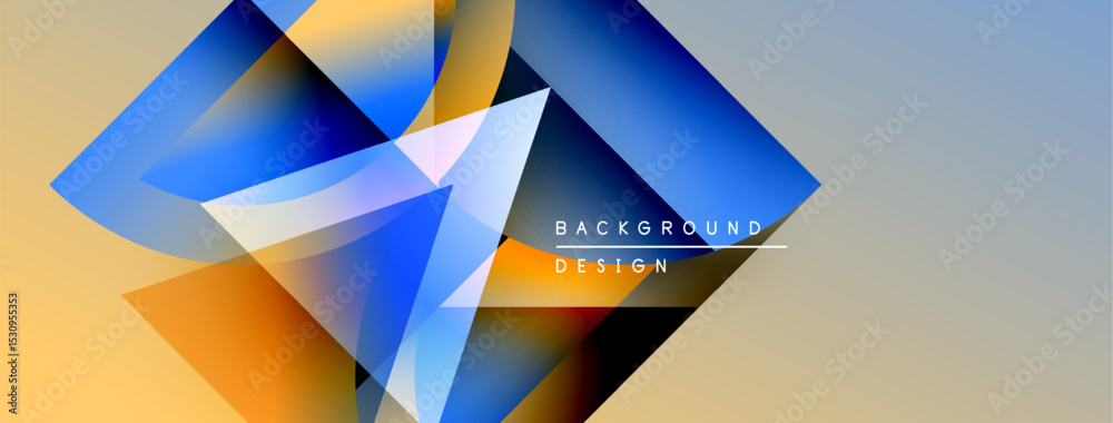 Poster abstract geometric shapes overlap, creating vibrant color gradients. background features warm, cool 