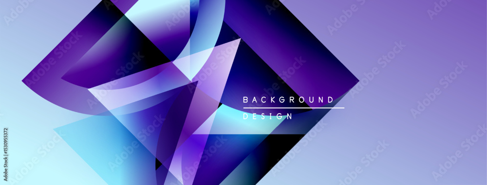 Poster abstract geometric shapes overlap, creating vibrant purple, blue gradients. design features text bac