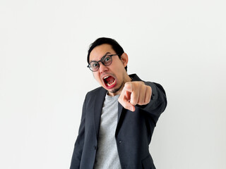 Geek nerd business man do angry denying pose on white background.