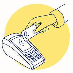 Illustration of a contactless payment terminal with a hand holding a card. Minimalist design, yellow background, featuring modern financial technology. Vector .
