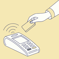 Illustration of a contactless payment terminal with a hand holding a card. Minimalist design, yellow background, featuring modern financial technology. Vector .
