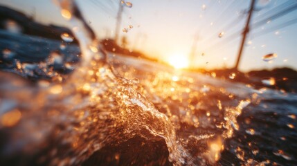 Obraz premium The image of a city street at dusk, flooded and filled with submerged cars, and surrounded by illuminated buildings, is well-suited for depicting the aftermath of natural disasters, the repercussions