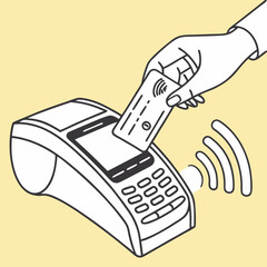 Illustration of a contactless payment terminal with a hand holding a card. Minimalist design, yellow background, featuring modern financial technology. Vector .