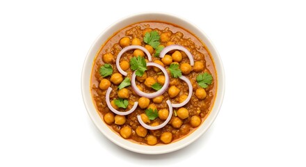 Delicious Indian Chole with Onion Garnish in white bowl top down view  white background