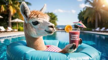 Fototapeta premium Llama in pool float with smoothie, orange slice, and umbrella enjoying summer vacation.