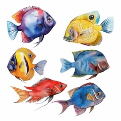 Colorful aquarium fish, Isolated elements on a white background. Watercolor hand drawing