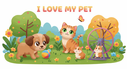 Fototapeta premium Adorable pets enjoying a sunny day in a colorful garden.