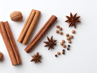 Set cinnamon sticks and star anise seeds isolated on white or transparent background, top view 64693757 1