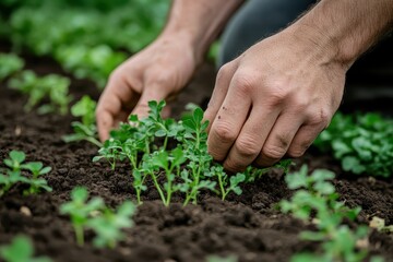 Hands plant small seedlings into the dark, rich earth. Depicts organic farming, agriculture, or sustainable living concepts.