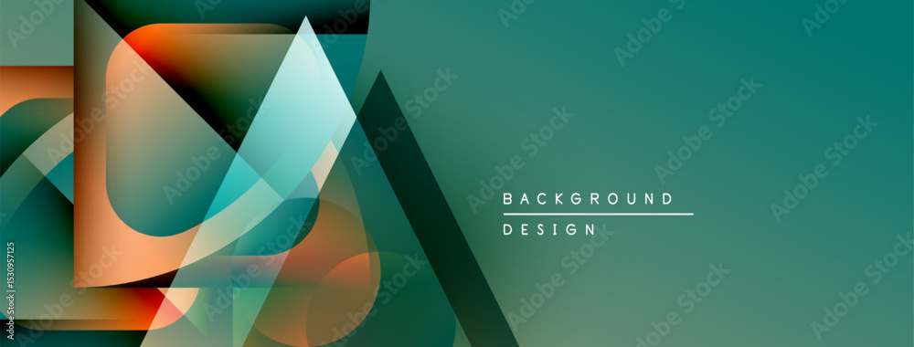 Poster Abstract geometric shapes overlap, creating dynamic teal, orange gradients. Modern design elements suggest innovation, fluidity.