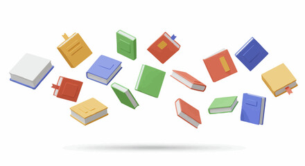 Floating colorful book, arranged in a dynamic composition.
