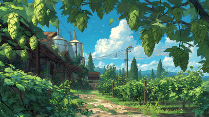Serene countryside vineyard with lush greenery, distant hills, and a clear blue sky