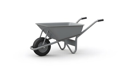 Grey metal garden wheelbarrow with one wheel isolated on a white background. Construction and gardening tool concept.