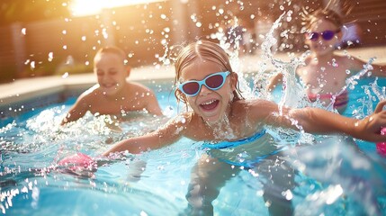 Summer Children Splashing in Swimming Pool: Joyful Moments, Vibrant Scenes, and Refreshing Summer Background Imagery