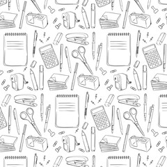 Fototapeta premium School and Office Supplies Seamless Pattern. Back to School Stationery Kit. Line Vector Illustrations. Background