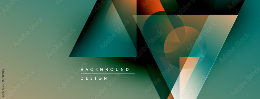 Poster abstract geometric shapes overlap, creating dynamic visual effect. teal, orange, gray hues dominate 