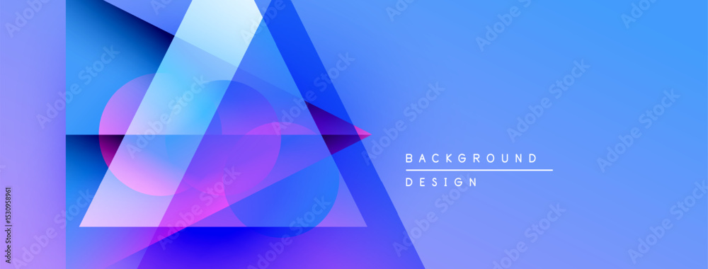 Poster abstract geometric shapes overlap, creating vibrant blue gradient background. modern design elements