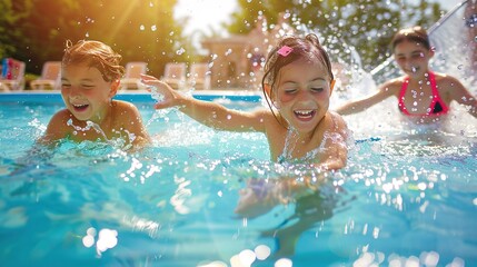 Summer Children Splashing in Swimming Pool: Joyful Moments, Vibrant Scenes, and Refreshing Summer Background Imagery