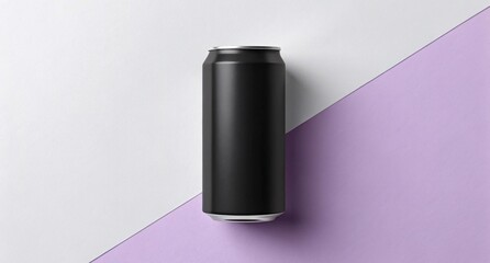 Matte Black Drink Can on White and Purple Background Minimalist Beverage Packaging Mockup for Trendy Modern Product Branding