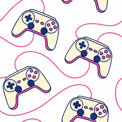 Game seamless pattern. Repeating design element for printing on fabric. Bright and neon controllers set. Minimalist creativity and art. Video game and .