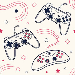Game seamless pattern. Repeating design element for printing on fabric. Bright and neon controllers set. Minimalist creativity and art. Video game and .