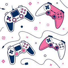 Game seamless pattern. Repeating design element for printing on fabric. Bright and neon controllers set. Minimalist creativity and art. Video game and .