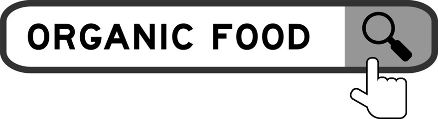 Search banner in word organic food with hand over magnifier icon on white background