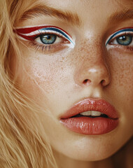 Young blonde woman with patriotic red blue artistic makeup portrait celebration independence day