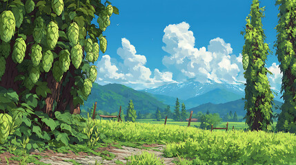 Lush green landscape with towering hops plants under a bright blue sky and distant mountains