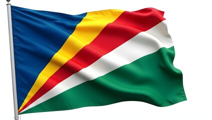 Obraz premium Photorealistic flag of Seychelles. Diagonal bands in blue, yellow, red, white, and green radiate from the bottom left. Realistic folds and texture. Isolated on white background.