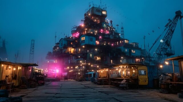Urban landscape featuring a structure resembling favelas or shantytowns at dusk or dawn