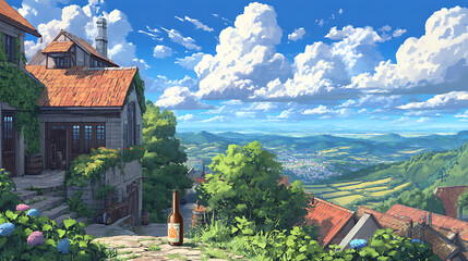 Scenic countryside view with quaint houses, lush greenery, and distant mountains under a bright sky