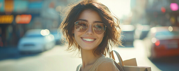 Happy young brunette woman with sunglasses smiling on sunny city street, confident urban lifestyle concept for summer fashion and positive mood advertising