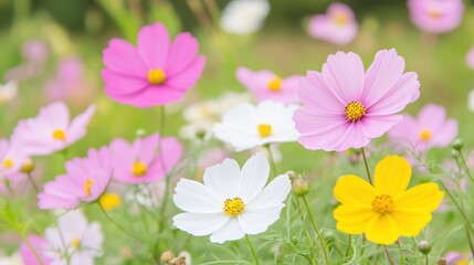 Fototapeta premium Vibrant cosmos flowers in full bloom in a spring garden
