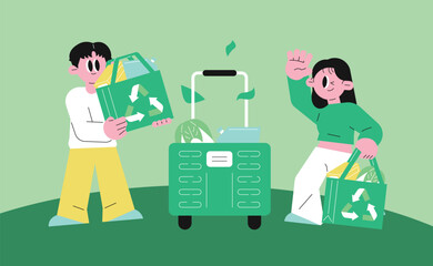 People Recycling with Green Cart 
Zero Waste Campaign Reusable Shopping Cart